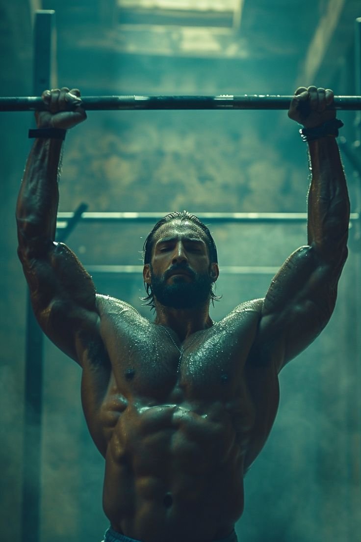 Muscular man hanging on a pull up bar, elaborating how to get your first pull-up.