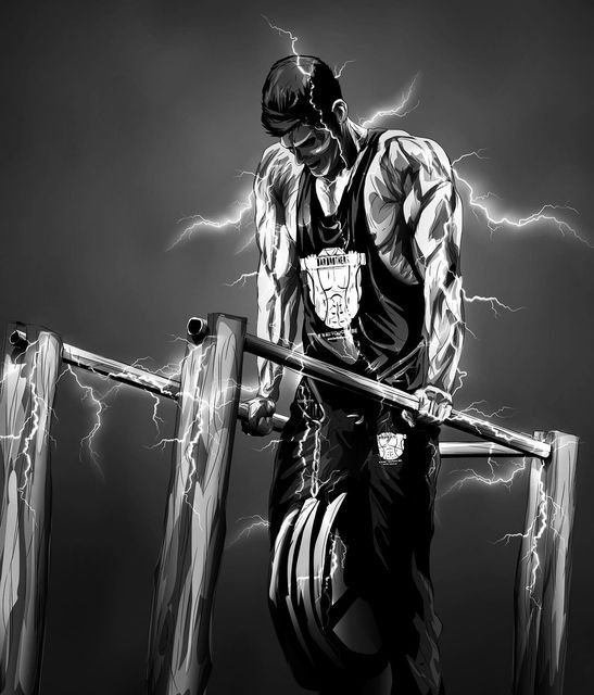 Illustration of a muscular man performing calisthenics drop sets on parallel bars, surrounded by lightning bolts, highlighting strength and intensity.