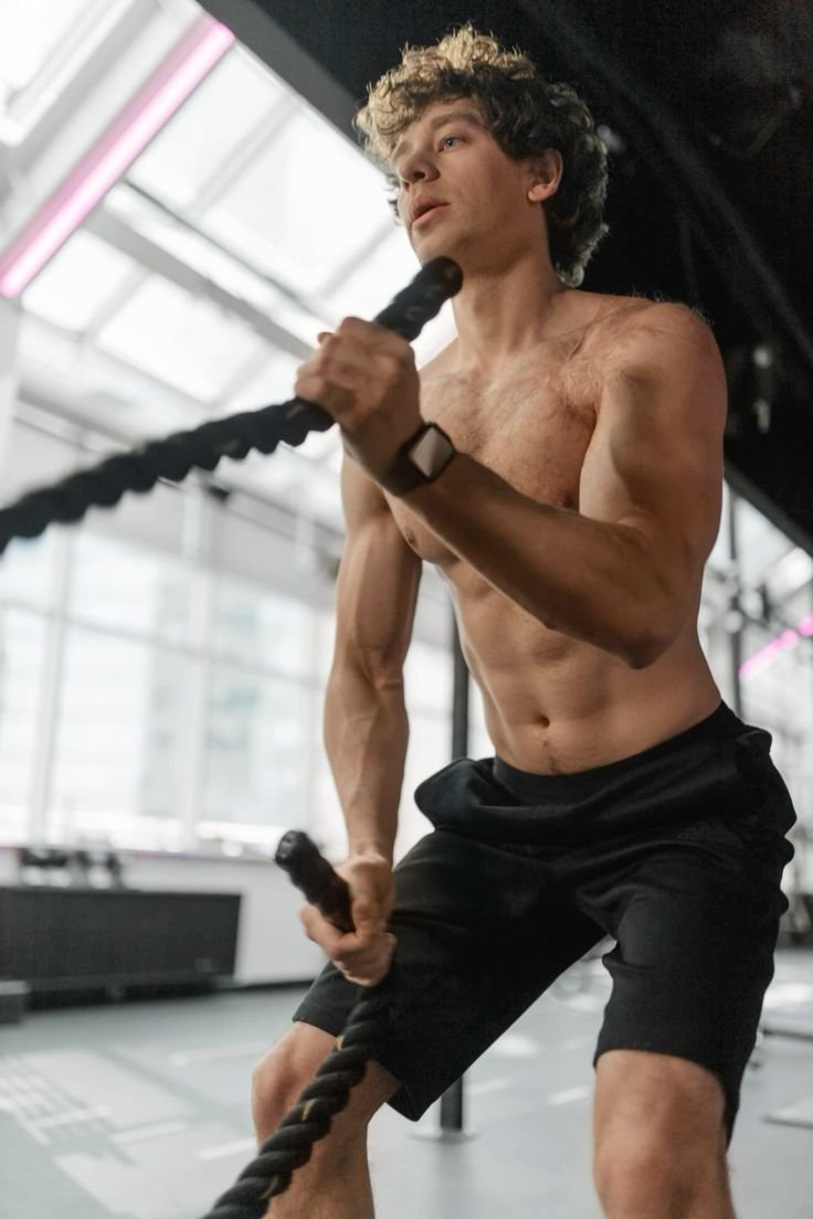 A shirtless man grips a battle rope, symbolizing intense physical training and the importance of managing exercise burnout.