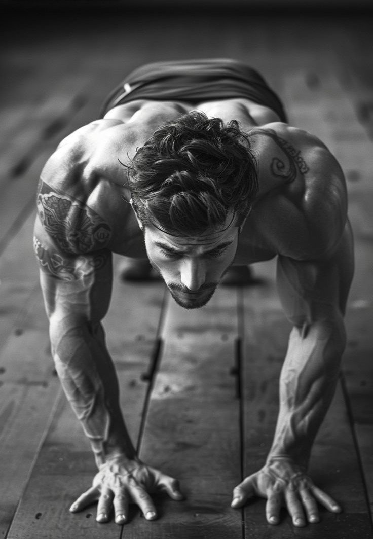 Man performing a perfect pushup with focus and control, highlighting proper form and upper body strength for effective workouts, perfect push-up